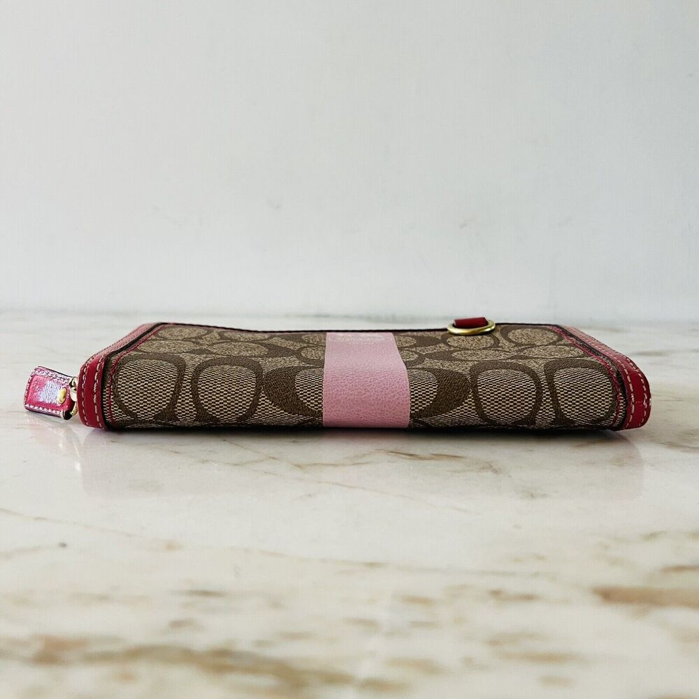 COACH Heritage Khaki Pink Stripe Accordion Zip Wallet In Signature Canvas - Picture 3 of 8